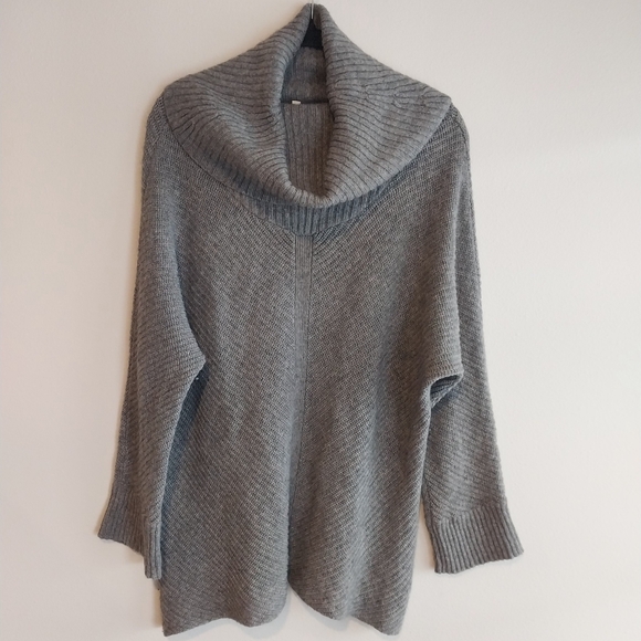 Eileen Fisher Gray Wool Yak Blend Lightweight Ribbed Cowl Neck Tunic Sweater - Picture 1 of 8